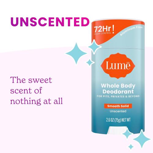Lume Whole Body Deodorant - Smooth Solid Stick - 72 Hour Odor Control - Aluminum Free, Baking Soda Free and Skin Safe - 2.6 Ounce (Unscented)