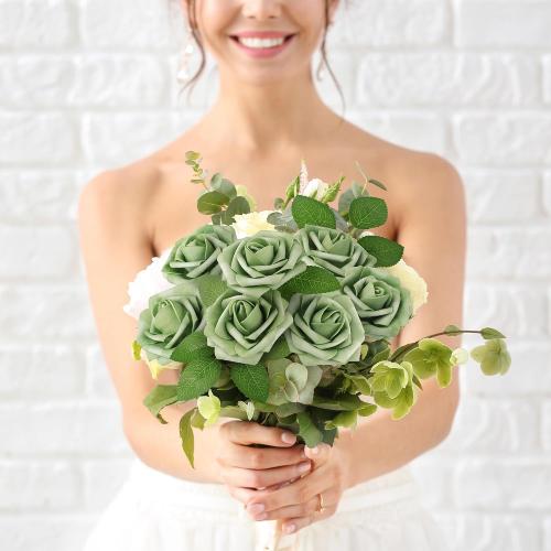 Mocoosy 50Pcs Rose Artificial Flowers, Sage Green Fake Roses for Decorations, Real Touch Elf Green Foam Roses with Stems DIY Wedding Bouquet Bridal Shower Centerpieces Floral Arrangements Home Decor