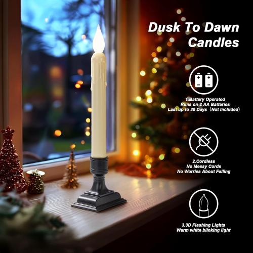 6 Pcs Sensor Dawn to Dusk Window Candles, Flickering Battery Candles for Windows, Ultra Bright Fake Candle Lights with Black Holders, Led Candlesticks for Xmas Home Decor, White Light