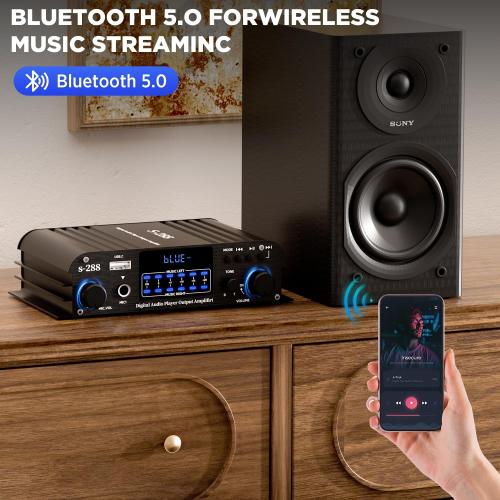 1200W Amplifier Home Audio 4 Channel, Bluetooth5.0 Small Amplifier, RMS 45Wx4, 300W*4 Peak Power Stereo Receiver with USB, SD, Class D Speaker Amp for Home Theater Karaoke RCA, Garage
