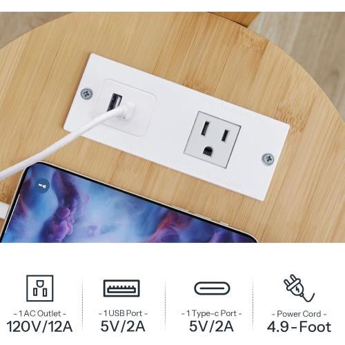 HOOBRO Round Side Table with Charging Station, Round Accent End Table with Bamboo Legs for Living Room, Bedroom, White and Natural YW101UBZ01