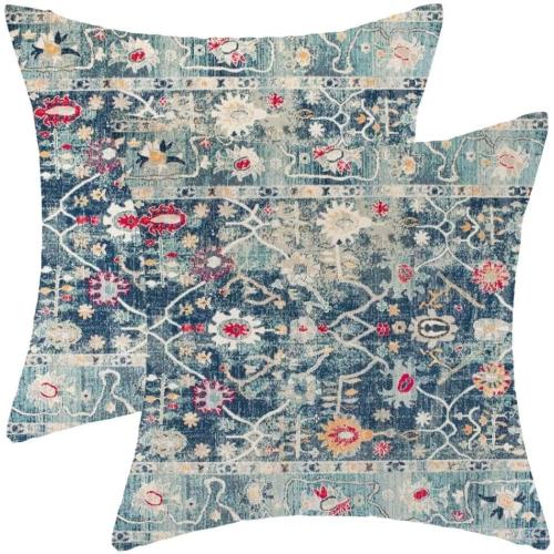 AEIOAE Boho Pillow Covers 18x18 Set of 2 Blue Vintage Retro Decorative Throw Pillow Outdoor Linen Square Farmhouse Decor Cushion Cover for Home Couch Sofa