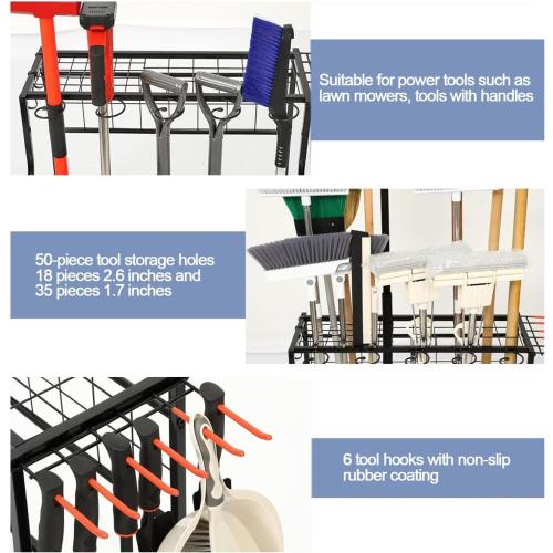 Garden Tool Organizer for Garage，Garden Tool Rack，Tool Organizers and Storage，for Long Handle Tools,Rake,Brooms, Hooks， Small Shovel,Shear，Black