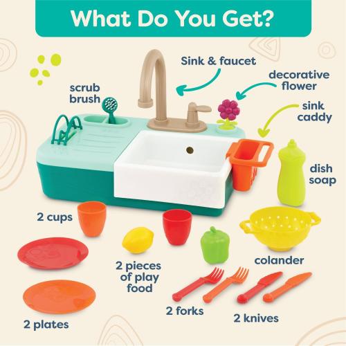 B. toys – Sink Play Set – Toy Kitchen Sink – Faucet & Running Water, Dishes, Play Food – Pretend Play Set For Kids – 3  Years– Splash – n – Scrub Sink