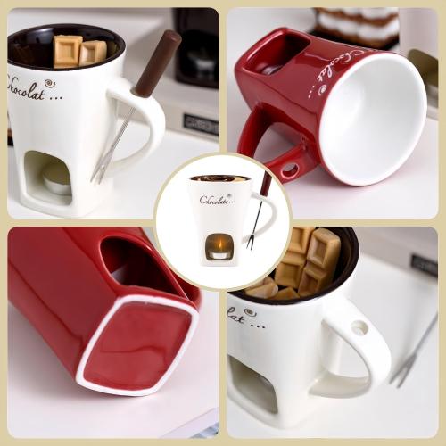 Chocolate Melting Cup,Chocolate Fondue Cup,Ceramic Sweet Fondue Mug With Fork For Cheese And Candy (White)