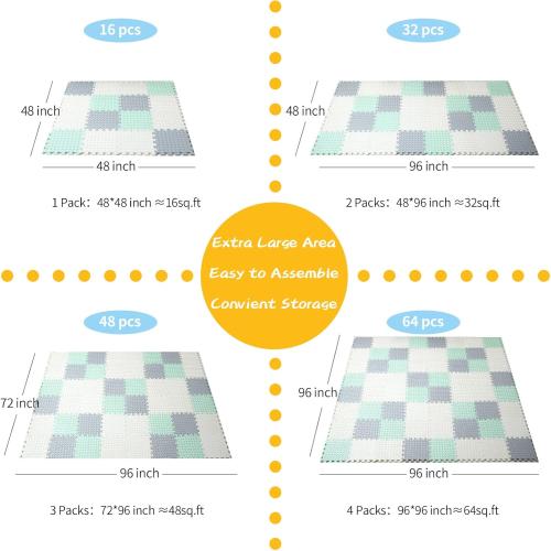 Foam Floor Mats for Kids, 12 x 12 Inch 16 Tiles 0.4 Thickness Foam Play Mat, Non-Toxic Square Interlocking Floor Mats Rubber Baby Play Mat for Toddlers(White/Gray/Bean Green)