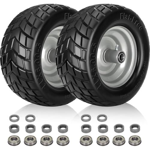 11x6.00-5 Flat Free Tire,2 Pack Tires for Zero Turn Mower With 3/4 & 5/8 & 1/2 Bearing,6-8 Centered Hub,11x6.00-5 Lawn Mower Tires with Bearing,Load 400lbs