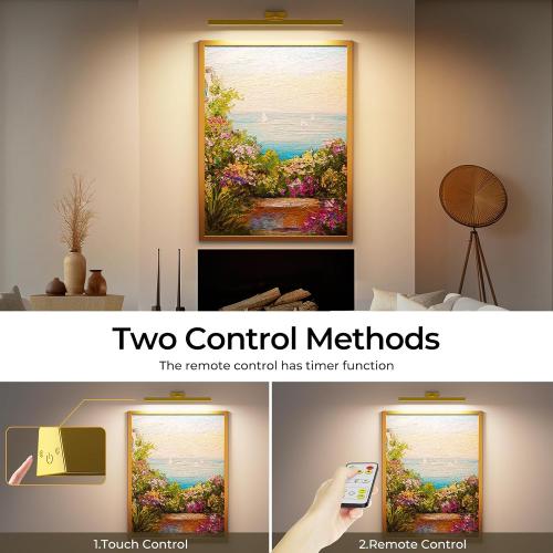 Size Medium Color Gold Picture Lights for Wall, Battery Operated Picture Light 24in Gallery Light for Paintings CCT Dimmable Recharging Battery Wall Light with Remote Control for Living Room Gallery Dartboard
