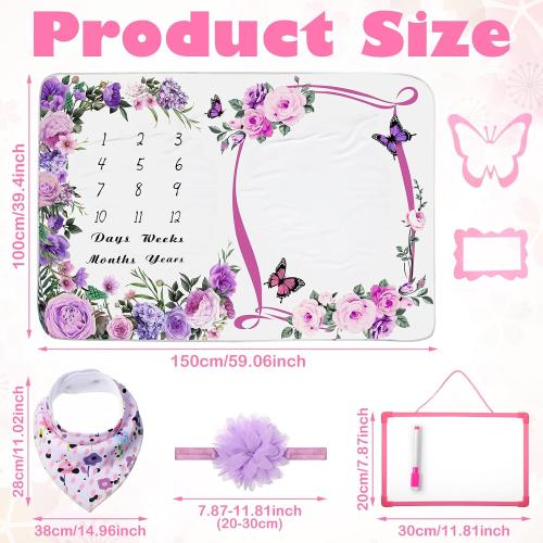 Chumia 6 Pcs Baby Monthly Milestone Blanket for Girl 60 x 40 Butterfly Milestone Blanket Age Photo Photography Backdrop with Newborn Calendar Growth Chart Bib Headband(Purple,Floral Pattern)