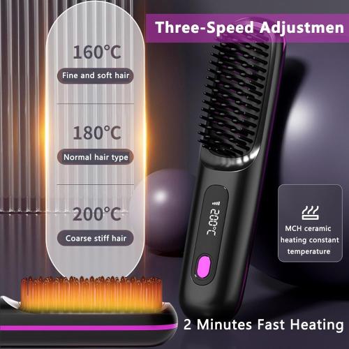 2026 Go Brush Pro for Short Hair, Portable Straightener Brushs for Travel, with LCD Temperature Display, Fast Heating Cordless Mini Hair Brushs Styling Tools (Purple)