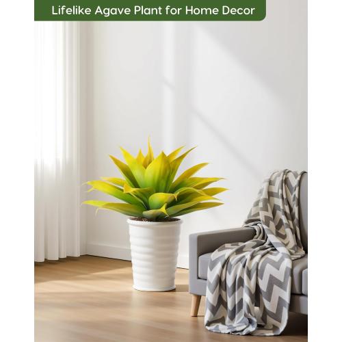 Velener Artificial Agave Plant Set, 28 Inch, Faux Aesthetic Plants for Home Decor, Realistic UV Resistant Fake Yellow Agave Plants Without Pot, Set of 2