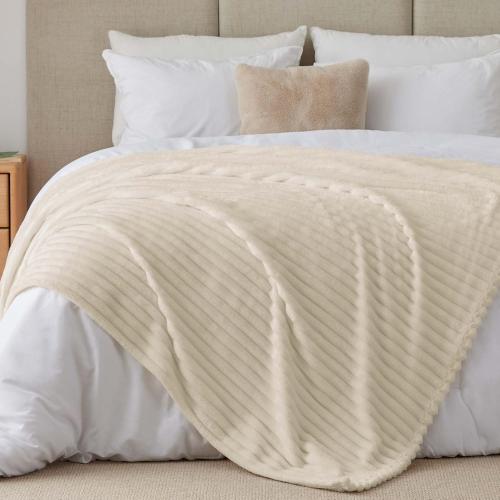 BEDELITE Queen Size Blanket for Bed, 300GSM Soft & Warm Fleece Beige Blanket, Decorative and Giftable Striped Blankets for Women, Men, 84x90