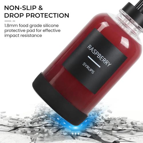Set of 4 Coffee Syrup Dispenser for Coffee Bar, Set of 4 Non-Slip Glass Syrup Dispenser w. Labels and Silicone Sheath, 16.9 oz 500ml Syrup Pump Dispenser, Coffee Bar Accessories Simple Syrup Bottle w. Pump