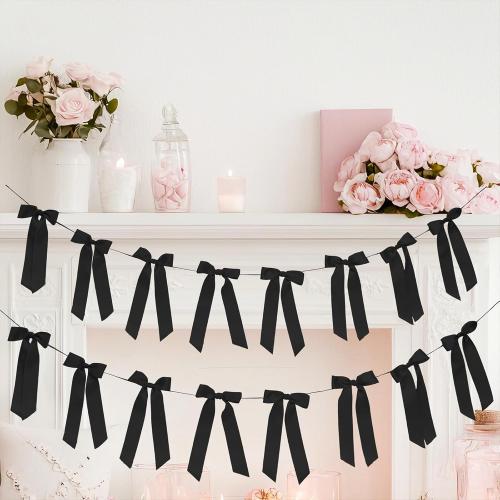 2 Pack Black Bow Garland Banner - 16 Prestrung Satin Black Bows Garland for Bridal Shower Decorations,Bachelorette Party, Birthday Party, Wedding Wall & Holiday Decor Coquette Decor