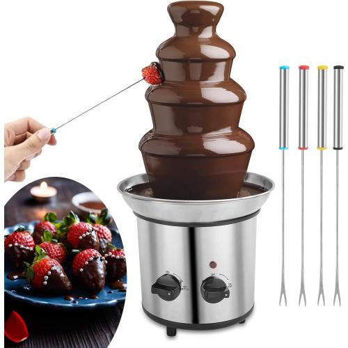 SILVER Chocolate Fountain, 4 Tier Chocolate Fondue Fountain Electric Melting Machine for Parties, Nacho Cheese, Ranch, Sauce, Wedding, Chocolate Fountain Machine with 4pcs Stainless Steel Forks(4 LB)