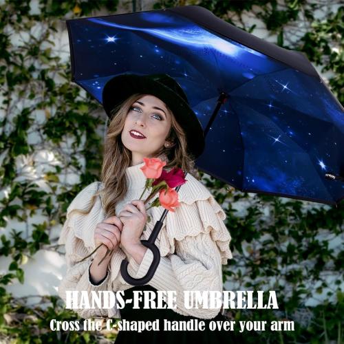 Inverted Umbrella, Windproof Reverse Umbrellas for Rain with Reversible Inside-Out Design Large Upside Down Umbrella for Women & Men with C-shaped Handle (Universe)