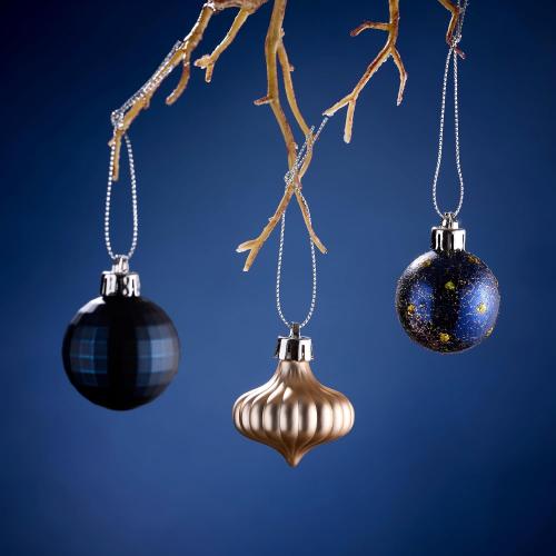 DecorbyHannah Mini Christmas Ornaments, 45ct Small Blue Copper Gold Christmas Tree Decorations, Assorted Tiny Celestial Shatterproof Plastic Decorative Hanging Ball Bulk Set for Xmas Home Table Decor