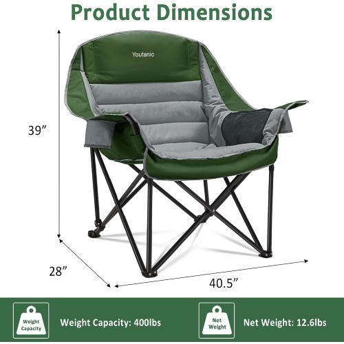 Grey and Green Oversized Camping Chair, Portable Folding Camping Chairs with Side Pocket, Cup Holder and Carry Bag, Heavy Duty Outdoor Camping Chairs for Adults, Fishing, Sports, Trip, up to 400lbs, Style 7