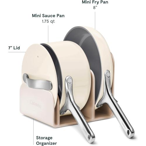 Caraway Non-Stick Ceramic Mini Cookware Set | Ceramic Fry Pan (1.05 qt, 8) Sauce Pan (1.75 qt) and Storage Rack, Non Toxic, PTFE & PFOA Free, Cream
