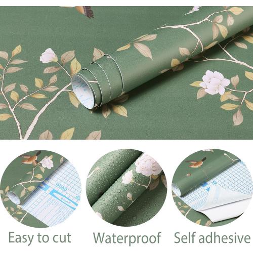 Hopepak Floral Wallpaper Peel and Stick Green Branch Bird Wallpaper for Bedroom Self Adhesive Removable Wall Paper Floral Contact Paper Cute Wallpapers for Bathroom Decor 16.1''x78.7''