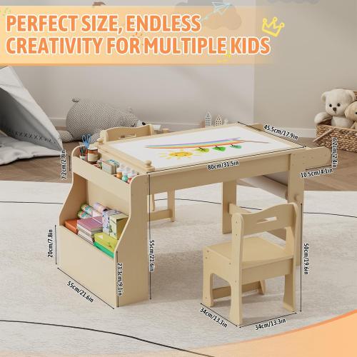 Kids Art Table with 2 Chairs, Kids Craft Table with Storage, Wooden Activity Desk for Toddler Crafts, Drawing Learning Desk with Storage, Paper Roll, Chairs, Gifts for Boys and Girls