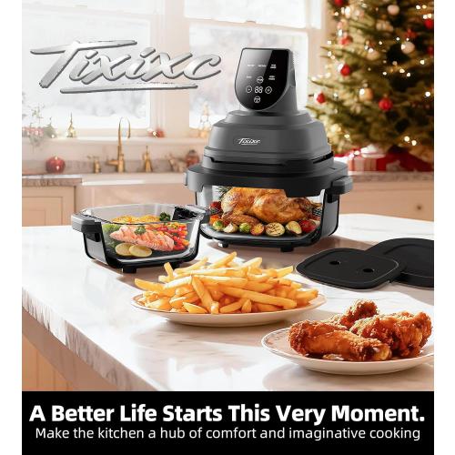 5-in-1 Portable Glass Air Fryer, 4QT & 6-Cup Glass Containers with Lids, Silicone Mat, 1500W Small Air Fryer, 90% Less Oil, Dishwasher/Freezer Safe for Single Servings, Family Meals