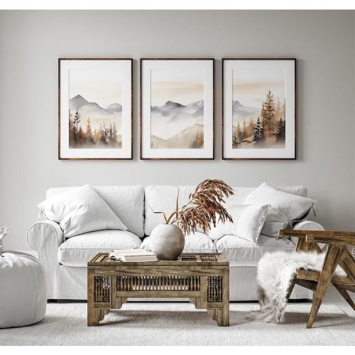 Neutral Mountain Wall Art Decor Set of 3 Forest Canvas Wall Art Poster Landscape Wall Art Artwork Modern Pictures Abstract Painting Watercolor Prints for Living Room Bedroom 24x36 Inch Unframed