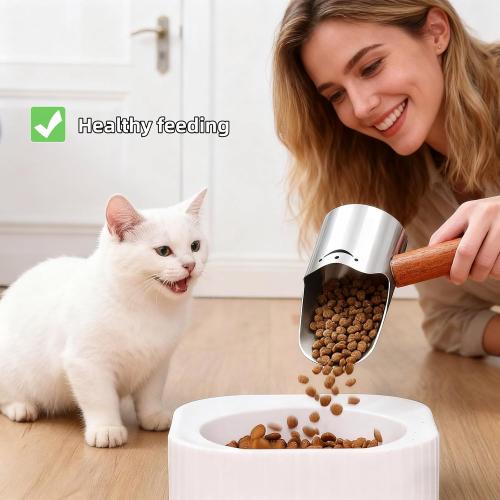 Multi-Pet Food Scoop, Pet Food Measuring Scoop with Wooden Handle,Carbon Steel with Ergonomic Wood Handle, for Dry Food & Treats, Accurate Portion Control for Dog Cat Bird Rabbit. (Grey, Small)