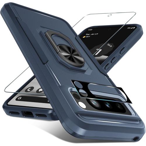 Janmitta for Google Pixel 8 Pro Case with Screen Protector Camera Lens Protector,Heavy Duty Shockproof Full Body Phone Cover Built in Metal Ring Holder Kickstand,2023 Navy Blue
