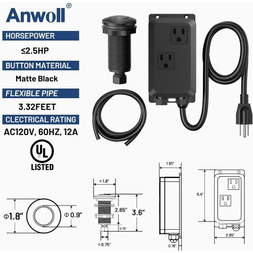 Garbage Disposal Air Switch Kit -Professional- Dual Outlet, Sink Top Waste Disposer On/Off, Garbage Disposal Button, Brass Made Cover, UL Listed