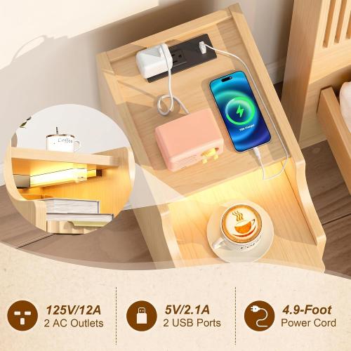 Fluted Narrow Nightstand with Charging Station, Solid Wood Night Stand with 2 Drawers, Natural Mid Century Modern Led Nightstand, Small Beside Table with Open Storage Shelf for Bedroom （10 inch）