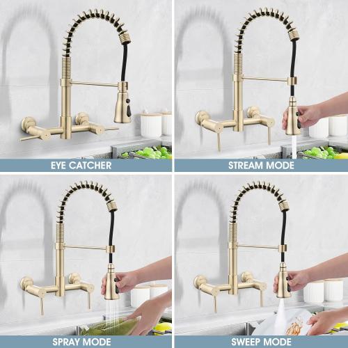 Wall Mount Kitchen Faucet, 8 Inch Center Commercial Sink Faucet with Pull Down Sprayer, 2 Handle Wall Mount Faucet for Kitchen Sink, Brushed Golden