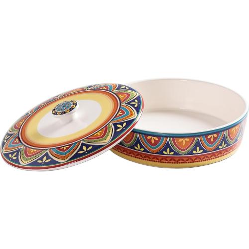 Bico Tunisian Ceramic Tortilla Warmer, 8.9 Inch Tortilla Holder with Lid for Taco Bread Pancake for Mexican Night and Party, Microwave and Dishwasher Safe
