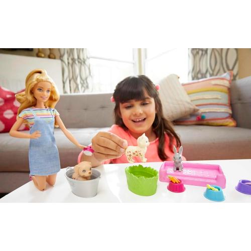 Barbie Play 'n Wash Pets Playset with 3 Color-Change Animals & 10 Toy Accessories, Blonde Fashion Doll with Blue Eyes