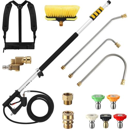 24 FT Telescoping Pressure Washer Wand with Pressure Washer Extension Wand, Brush Head, Gutter Cleaner, 5 Spray Nozzle Tips, 2 Hose Adapters and Support Belt