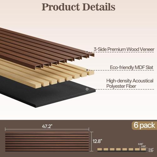 6 Pack Acoustic Wood Panels for Wall 47.24 x 12.79 Soundproof | Wood Slat Wall Panel for Interior Decor & Noise Reduction, Sound Absorbing Wood Wall Panel for Home Office Studio, Walnut