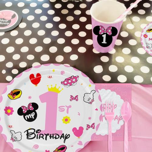 Minnie 1st Birthday Party Supplies - Minnie Theme Mouse Birthday Decorations Tableware, Plate, Cup, Napkin, Tablecloth, Cutlery, Straw, Pink Minnie First Birthday Party Supplies | Serve 24