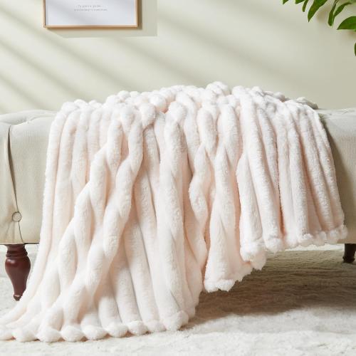 NEWCOSPLAY Super Soft Throw Blanket Ivory Premium Silky Flannel Fleece 3D Ribbed Jacquard Lightweight Bed Blanket All Season Use (Ivory Ribbed, Throw(50x60))