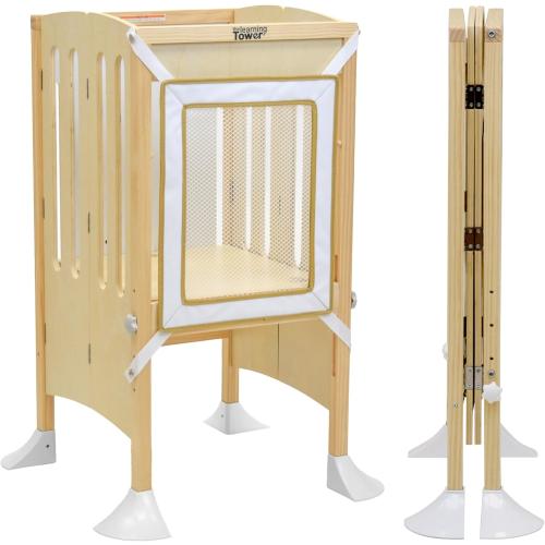 Little Partners Grow 'N Stow Folding Learning Tower, Adjustable Montessori Kitchen Counter Toddler Platform for Cooking, 35 H x 23.25 W x 23 D, Ages 18 mos. to 6 yrs. (Natural)