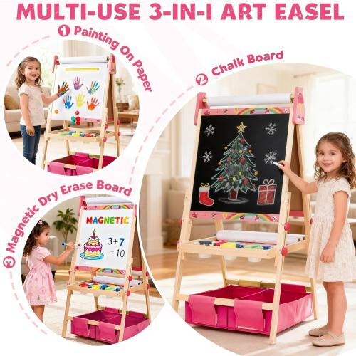 Art Easel for Kids, Kids Art Easel with 3 Paper Roll, Magnetic Whiteboard and Chalkboard,Adjustable Standing Wooden Toddler Easel for Painting Double Sided,3in1 Painting Easel for 2-4 4-8 Pink