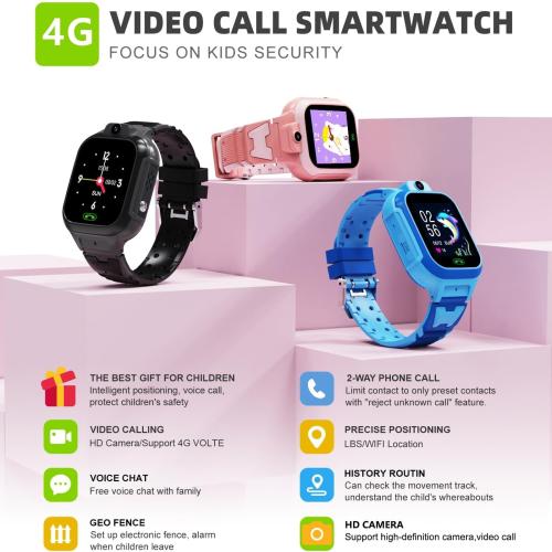 4G Kids Smart Watch GPS Tracker - Smartwatch with Two Way Call Video Calling Voice Chat SOS Class Mode Stopwatch Pedometer Games Wi-Fi Touch Screen Alarm Clock Smartwatches for Boys Girl (Blue)