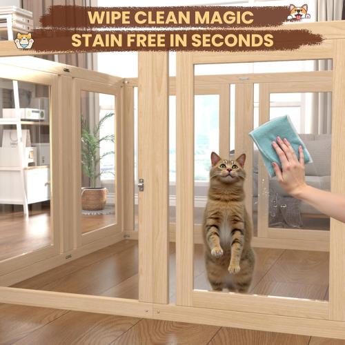 10 Panels Dog Playpen with Door, 23.6 H Pet Playpen Indoor, Clear Acrylic Puppy Playpens, Wooden Puppy Fence with Gate, Transparent Dog Pens, Pet Pen Indoor for Dogs, Cats, Rabbit (Wood)