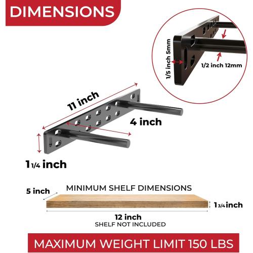 Set of 2 Floating Shelf Brackets 11 inch Multiple Mounting Location Baseplate/Heavy Duty Black Painted Mild Steel Bracket Hidden Wall Shelves Support Hardware Mount Kitchen/Nursery Decor (6 inch Rods)