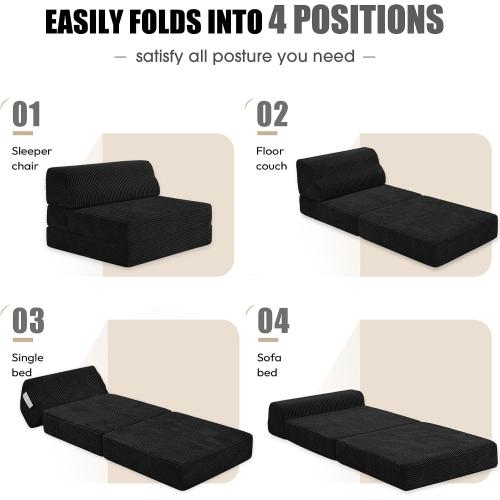 Kasunpul Folding Sofa Bed with Pillow, Memory Foam Fold Out Chair Bed, Convertible Sleeper Chair with Washable Cover, Futon Floor Couch for Living Room/Dorm/Guest Use/Home Office/Apartment, Black New
