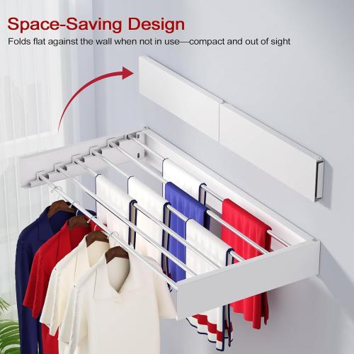 Wall Mounted Drying Rack 40, Foldable Laundry Drying Rack with Stainless Steel Rods, Retractable Laundry Space Saver for Indoor & Outdoor Use, Include Wall Template