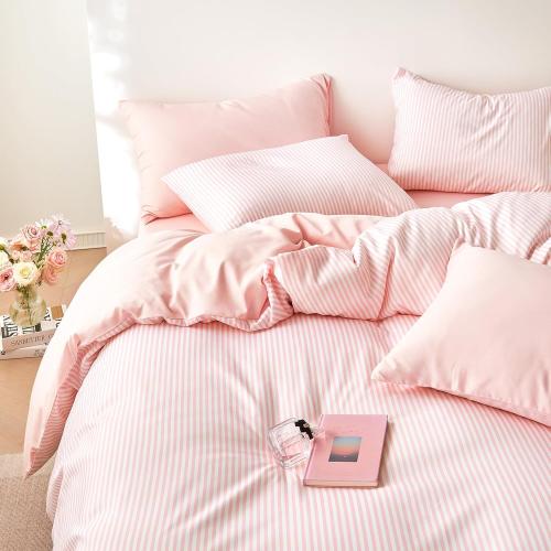 Size 90x90 Color Pink Wake In Cloud - Striped Comforter Set, Ticking Stripe Vertical Pinstripe Neutral Farmhouse Pattern Printed, Soft Lightweight Bedding, 3 Pieces, Pink White,