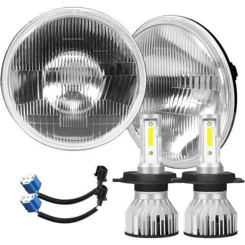 H4/9003 LED Headlight Bulbs   7 Inch H6024 Glass Round LED Headlight Housing,Halogen Sealed High Low Dual Beam,Original Classic Look Conversion Pair Kit Pair