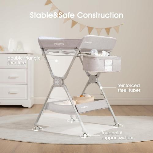 Maydolly Changing Table，Portable Diaper Changing Station, Foldable Baby Changing Table,Compact Nursery Diaper Changing Table for Baby，Adjustable Height，Mobile on Wheels (Grey)