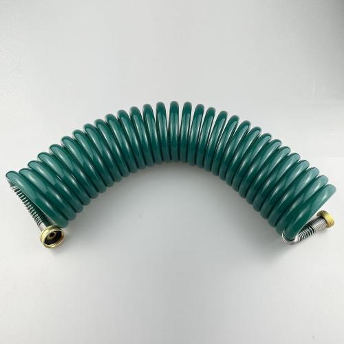 Garden Hose, Green PU Curly Water Hose with Brass Connectors,Watering Hose Coil,Retractable,Corrosion Resistant Garden Coil Hose (Dark Green, 25 FT)