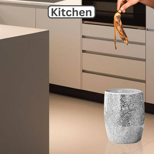 Modern Bathroom Trash Can Silver Mosaic Glass 5L | 7 x 10 | Luxury Waste Basket for Restroom, Bedroom, Office & Kitchen | Decorative Small Garbage Can | Silver Glitter Bathroom Accessories